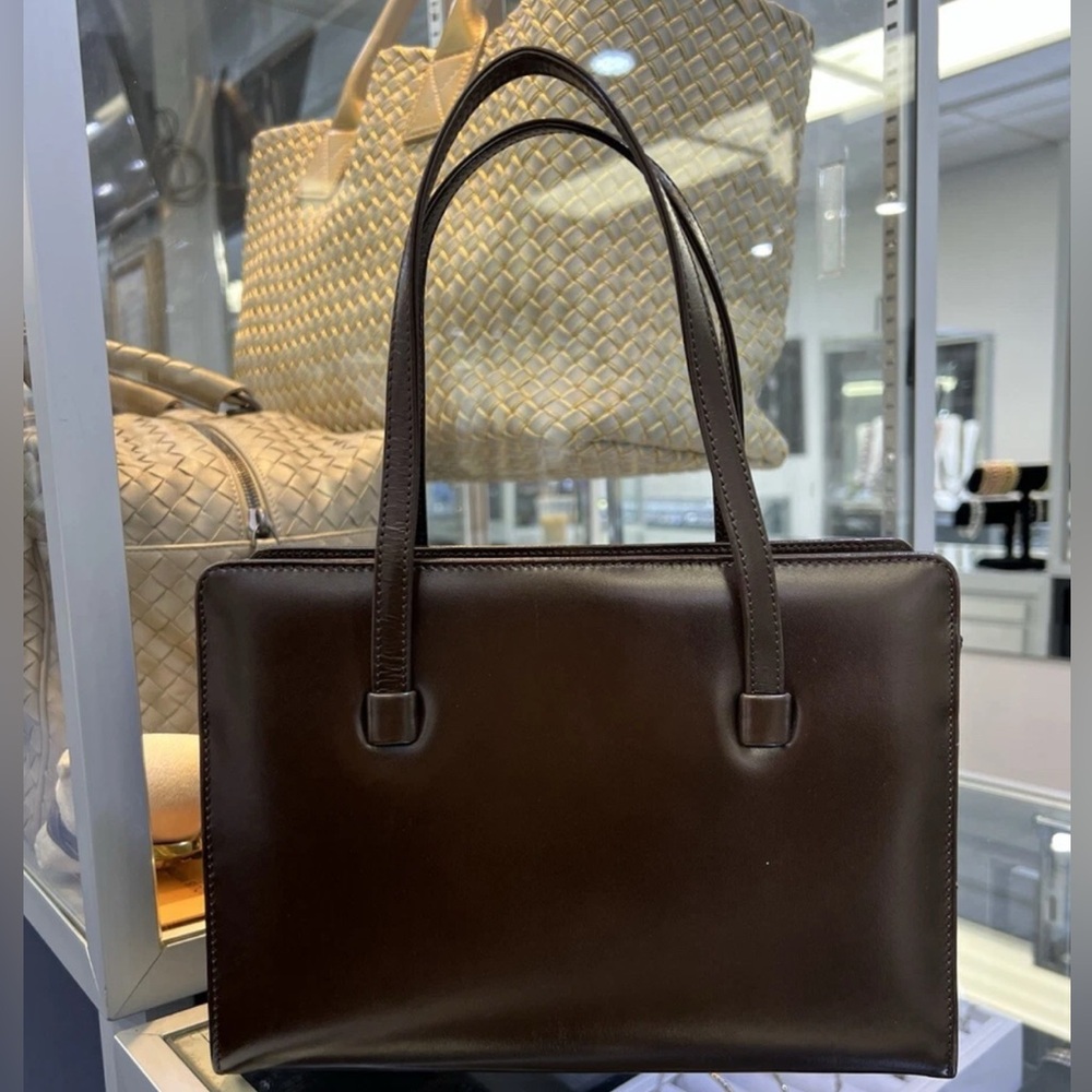 Vintage Lambertson Made In Italy Brown Box Calfskin Leather Top Handle Bag